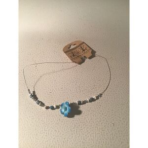 Artisanal Philippines Beaded Necklace-Blue Glass Flower & Tribal Floating Design
